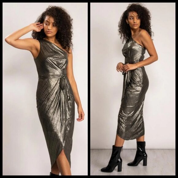 💕TED BAKER💕 Gabria One Shoulder Drape Midi Dress ~ Metallic Gold US 12 NWT - Picture 10 of 16